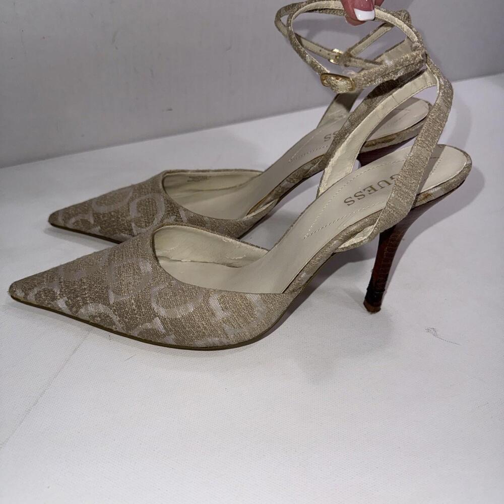 Guess Beige Monogram‎ Pump Stiletto Heels Ankle Strap Y2K VTG Pointed Toe Size 9